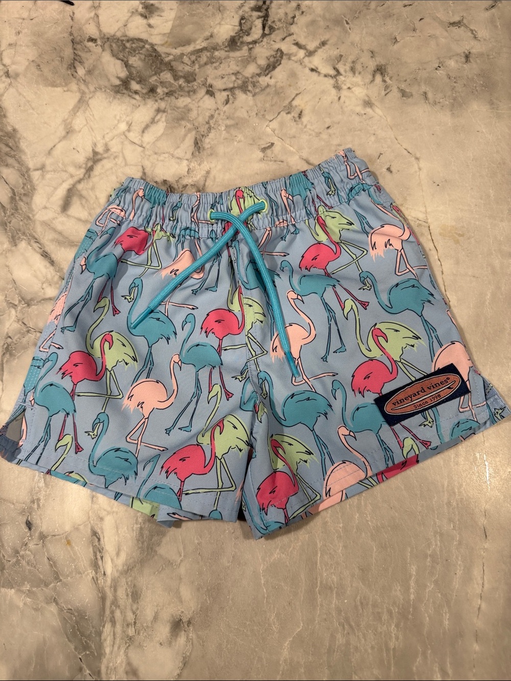 Vineyard Vines Flamingo Print Swim Shorts - Light Blue with Pink & Teal